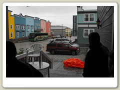 Staying out of the rain before boarding the bus to the Yukon Queen riverboat